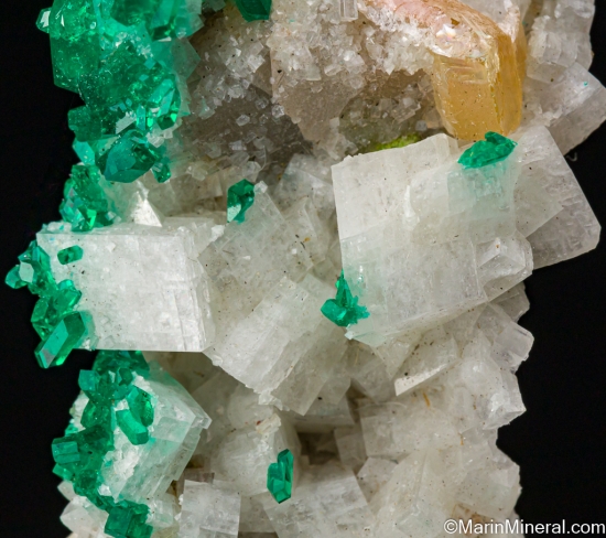Dioptase on Calcite with Wulfenite from Tsumeb, Namibia [db_pics/pics/ST537d.jpg]