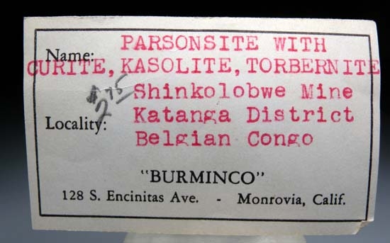 Parsonite with Curite, Kasolite, Torbernite from Shinkolobwe Mine, Katanga, Congo (DRC) [db_pics/pics/c451b.jpg]