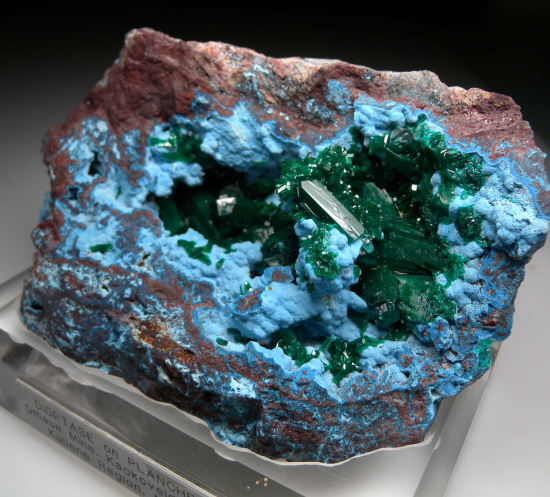 Dioptase on Plancheite from Omaue Mine, Kaokaveld, Kunene Region, Namibia [db_pics/pics/fm646b.jpg]