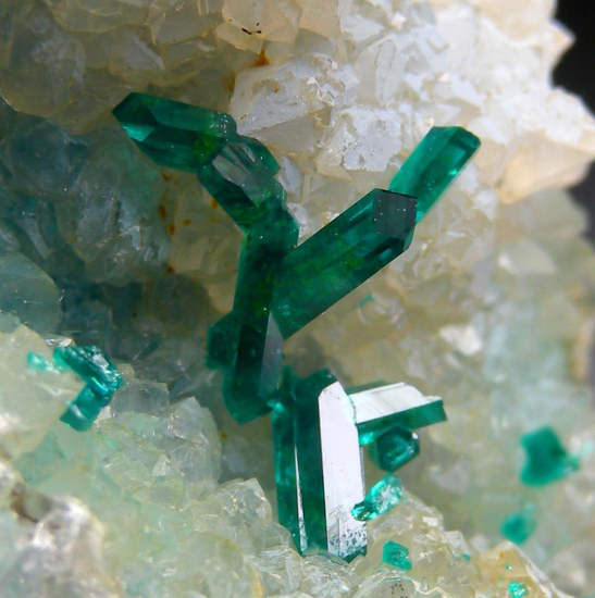 Dioptase on Quartz from Sanda Mine, Mindouli District, Pool Department, Rep. of Congo [db_pics/pics/r622c.jpg]
