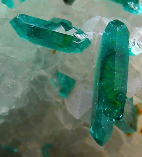 Dioptase on Quartz from Sanda Mine, Mindouli District, Pool Department, Rep. of Congo [db_pics/pics/r622e.jpg]