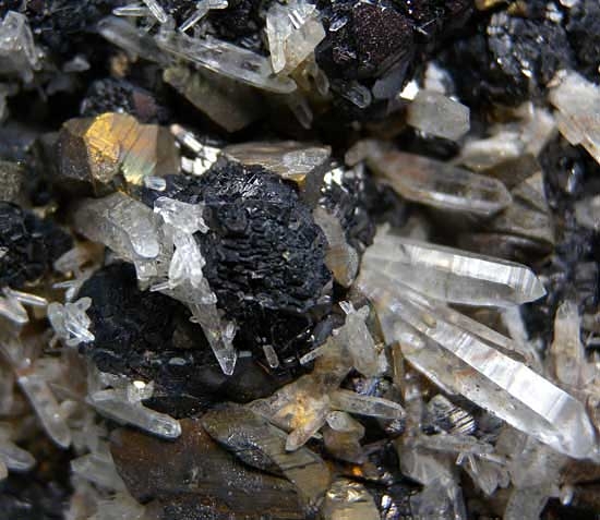 Pyrite, Chalcopyrite, Quartz on Sphalerite from Alimon Mine, Huaron District, Peru [db_pics/pics/sa919c.jpg]