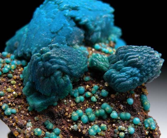 Chrysocolla psuedo. Malachite psuedo. Azurite with Wulfenite from Whim Creek, Western Australia, Australia [db_pics/pics/t115b.jpg]