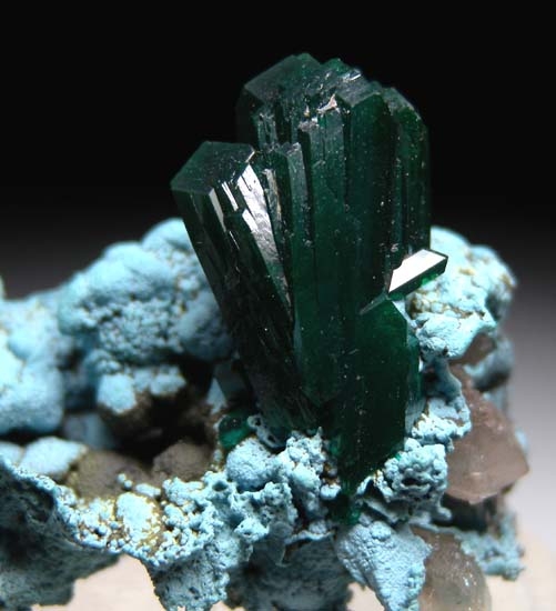 Dioptase on Shattuckite from Kaokaveld, Namibia [db_pics/pics/t824b.jpg]